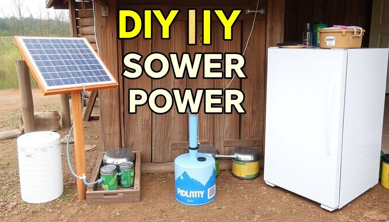 A collection of DIY solar power projects, such as a solar-powered water pump and off-grid refrigerator, in a rustic setting.