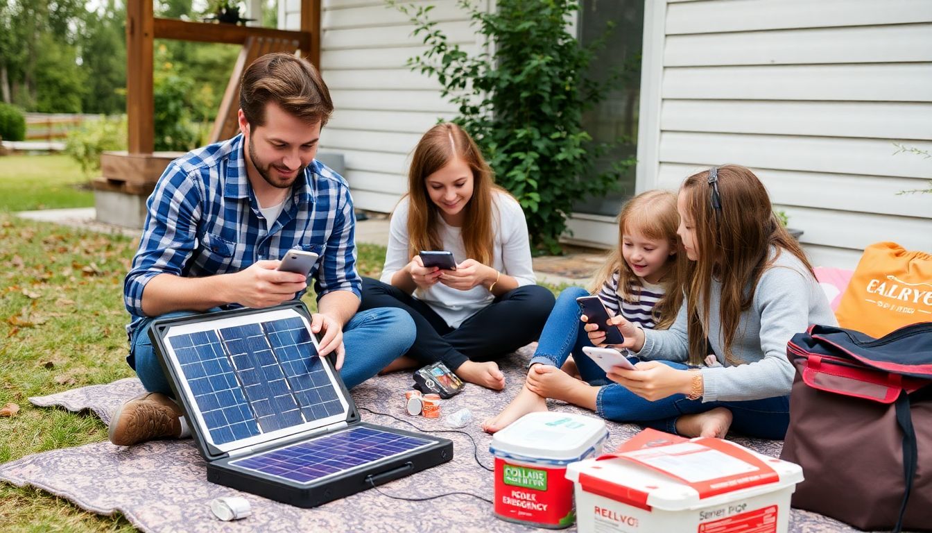 A family using a portable solar panel to charge their devices during a power outage, with emergency supplies nearby.