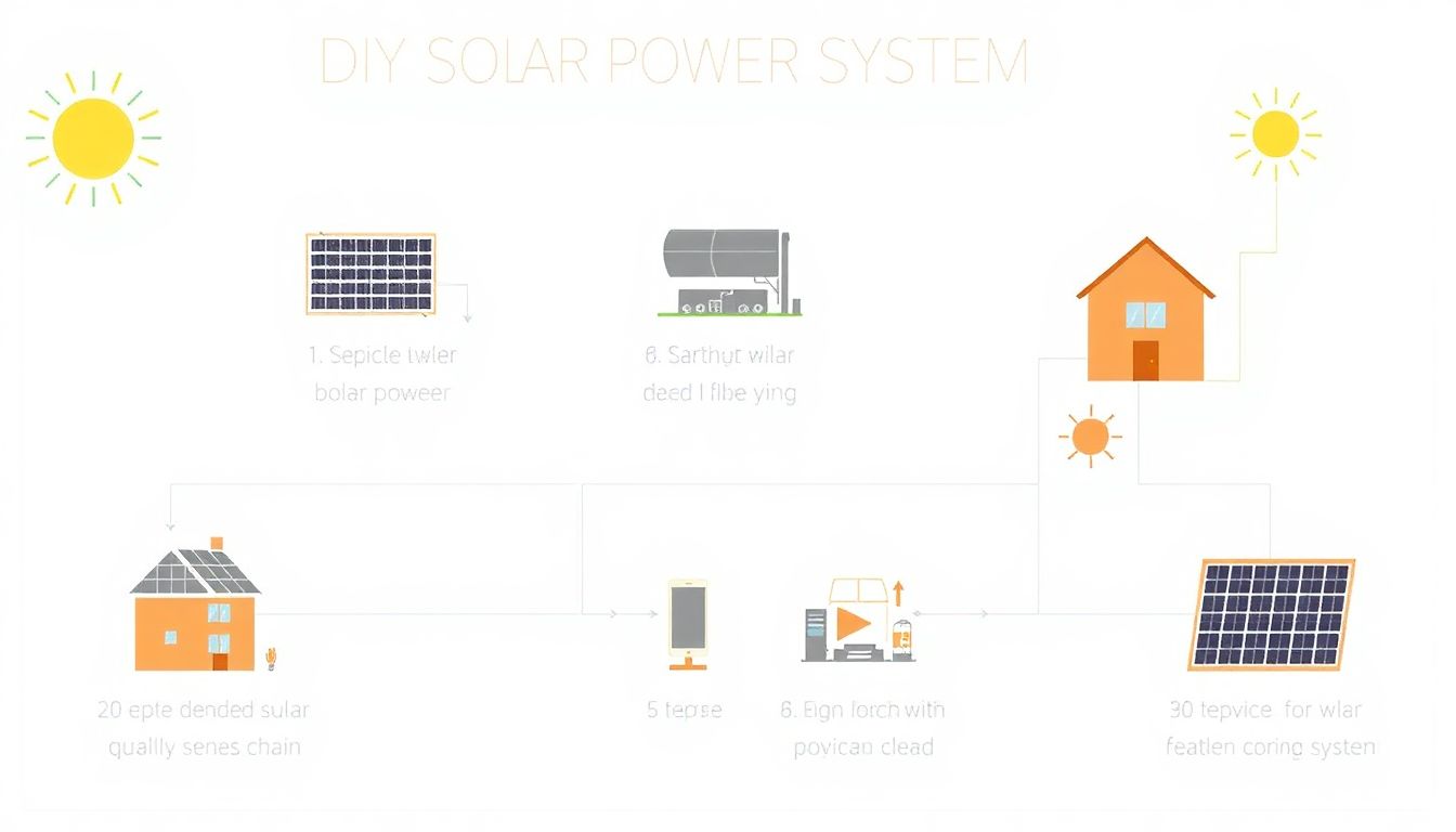 A step-by-step diagram illustrating the setup of a DIY solar power system.