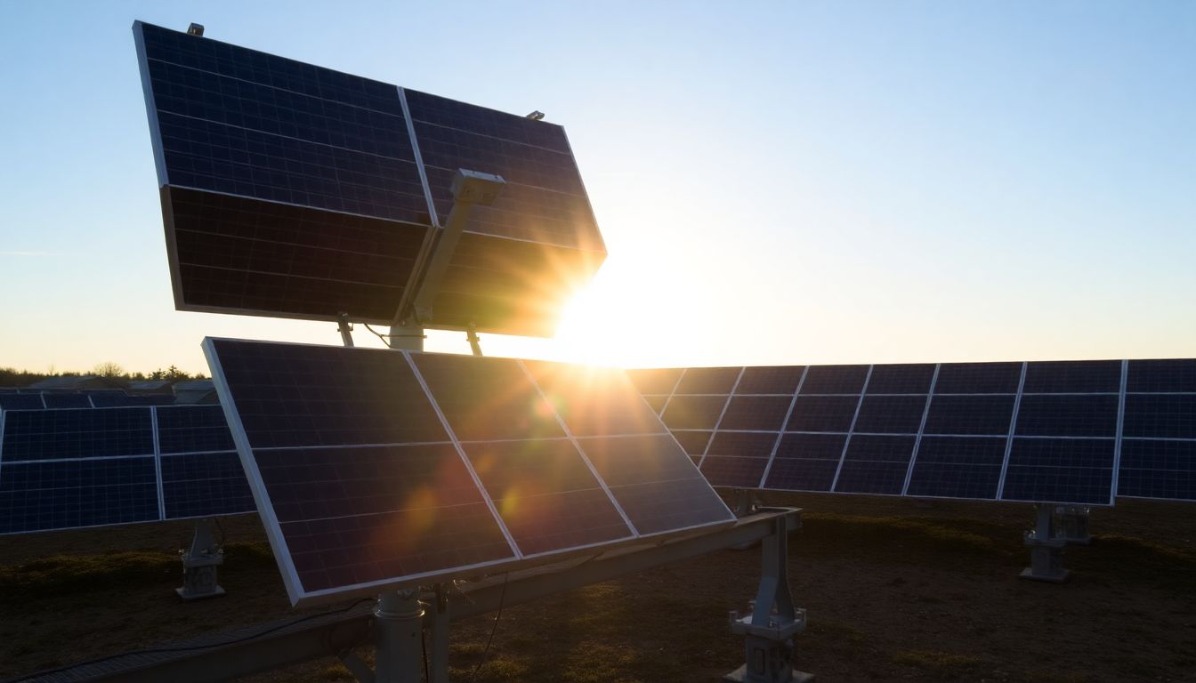 A solar panel array on a tracking system, following the sun's path across the sky.