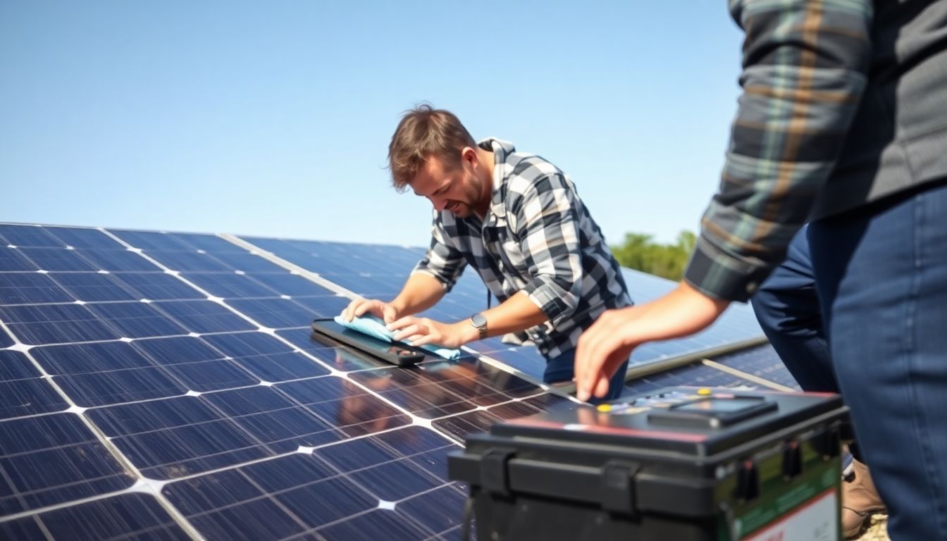 A person cleaning solar panels and checking the health of batteries in a DIY solar power system.