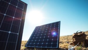 A close-up of a DIY solar panel setup in a wilderness setting, with a backpack and other survival gear nearby, under a clear blue sky.