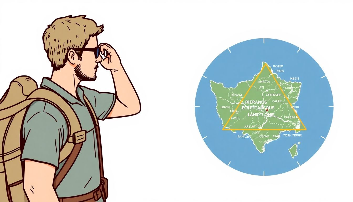 An illustration of a hiker using a compass to measure bearings between two landmarks, with a map showing the resulting triangle.