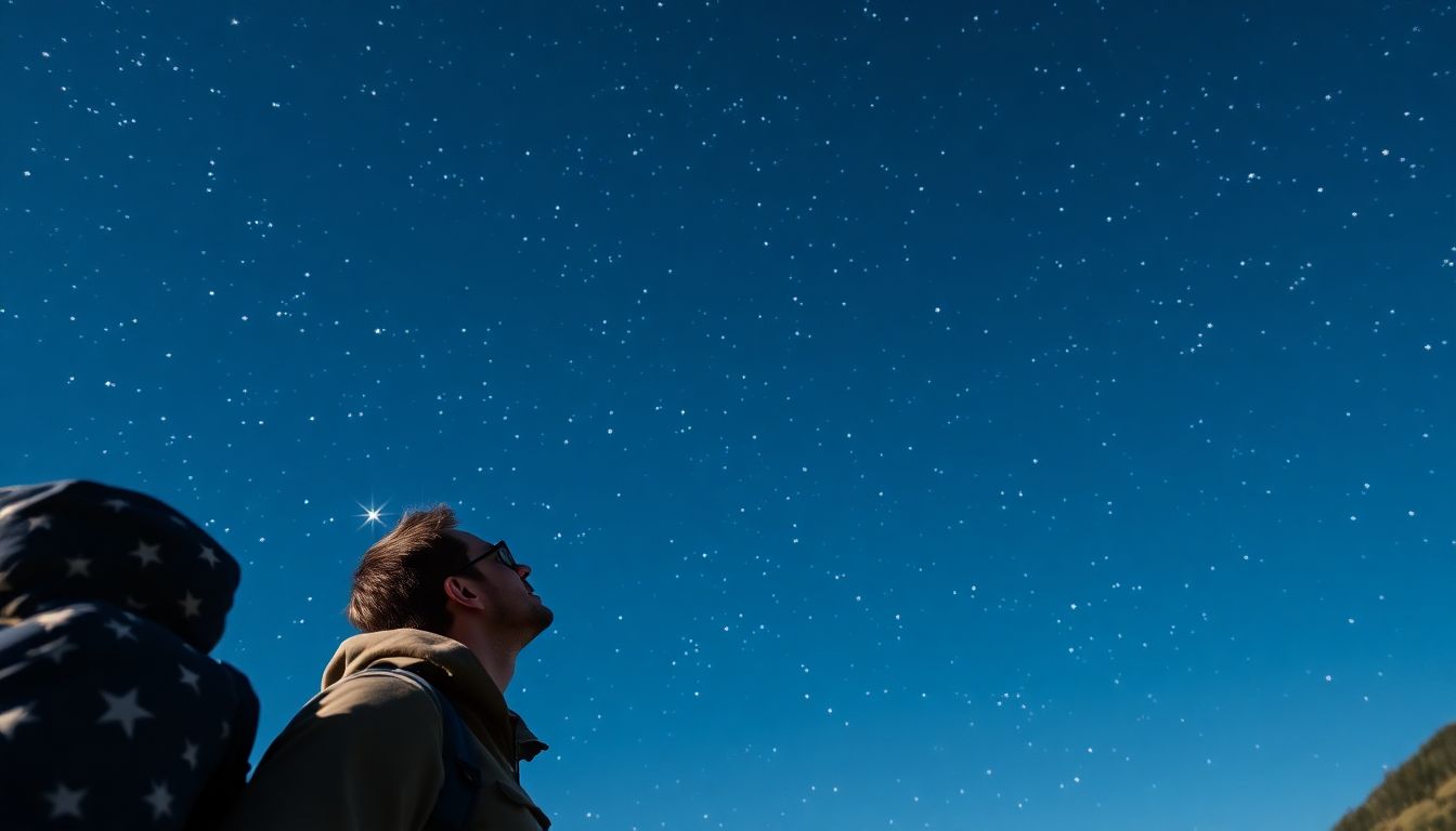 A hiker looking up at a clear night sky filled with stars, with a diagram of constellations and a visible North Star.