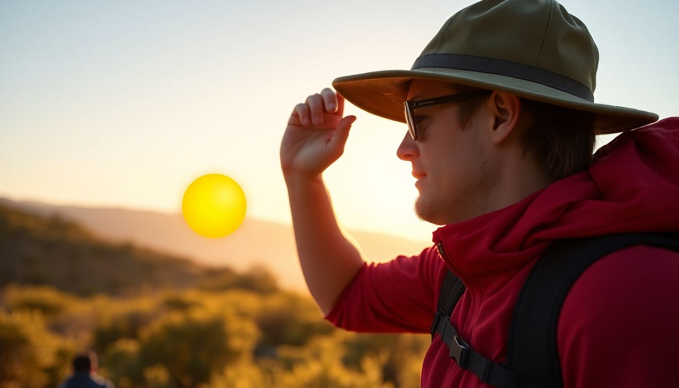 A hiker using the sun's position to determine direction, with a diagram of the sun's path overhead.