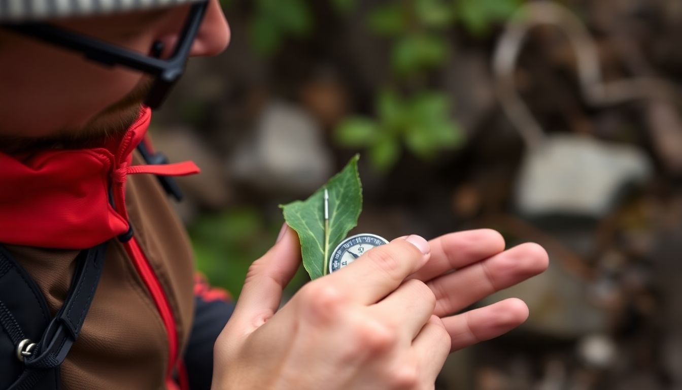 A hiker using a makeshift compass made from a leaf and a needle to determine direction in an emergency situation.