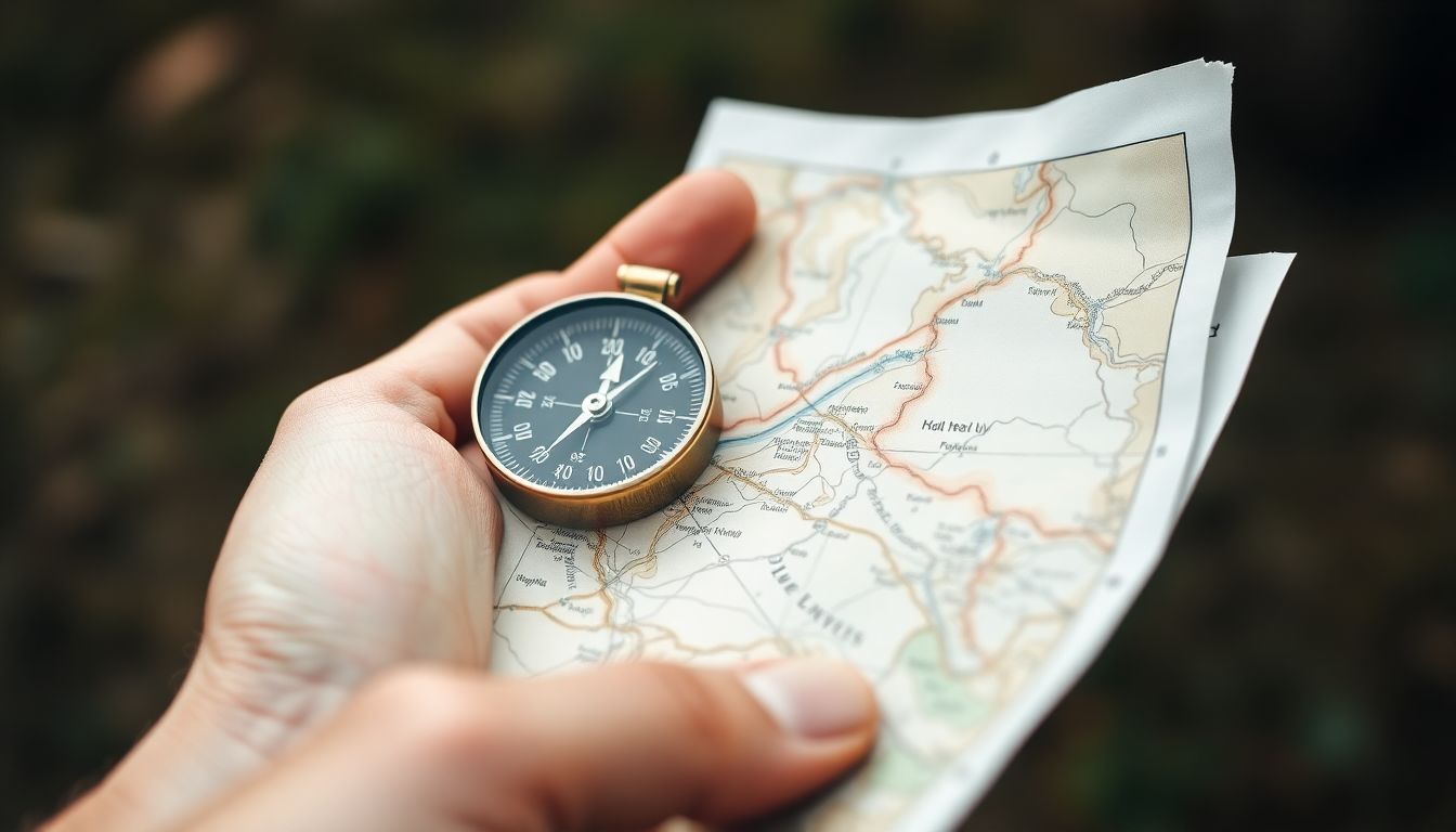 A close-up of a hand holding a map and compass, with key features labeled and highlighted.