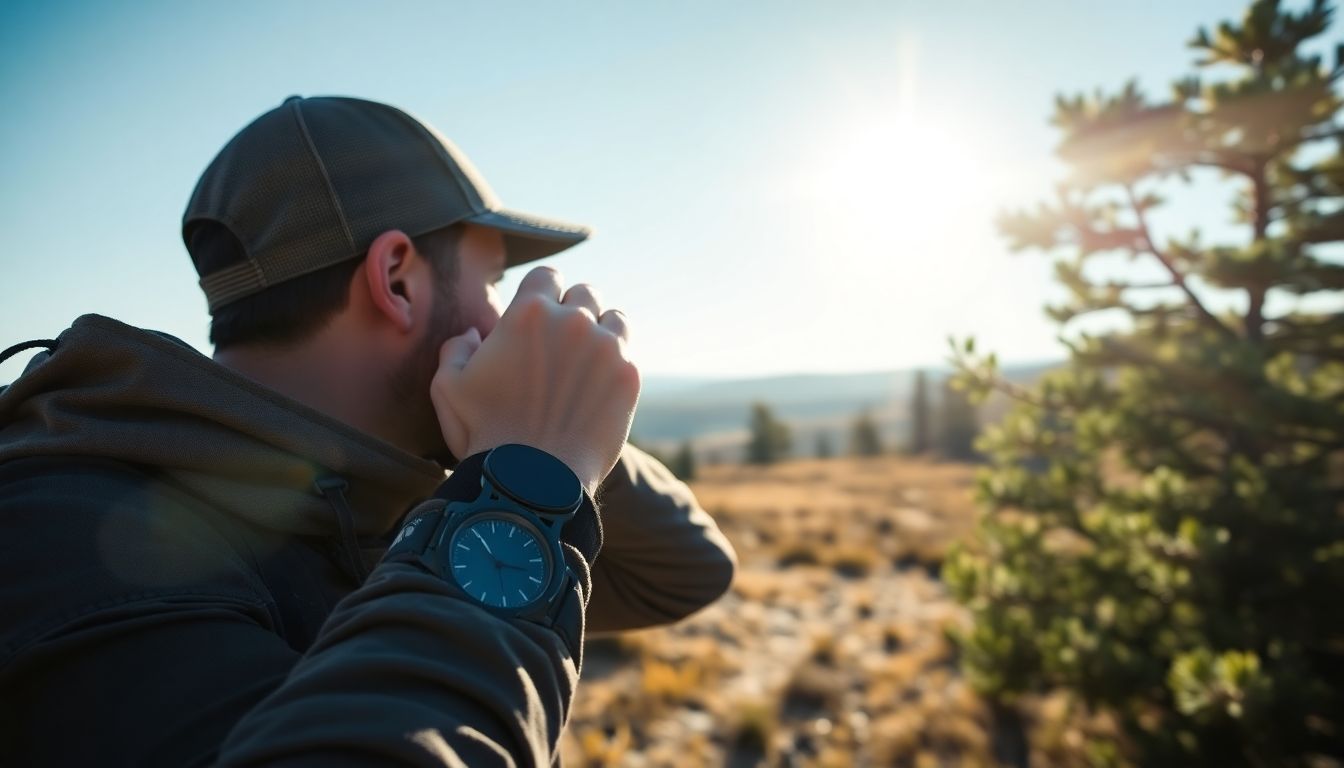 A hiker using a watch to determine the direction of north, with the sun's position and a nearby tree's growth pattern also visible.