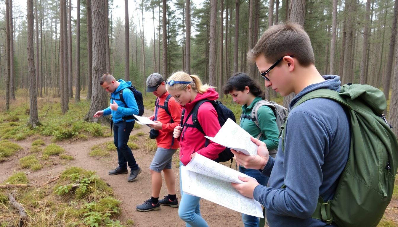 A group of hikers participating in an orienteering event, using maps and compasses to find checkpoints in a forest.