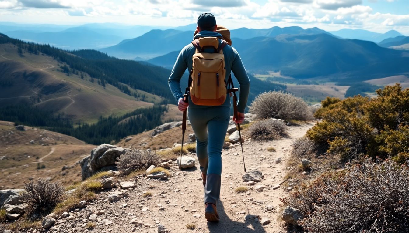 A hiker walking through a scenic landscape, following a compass set to a specific bearing.