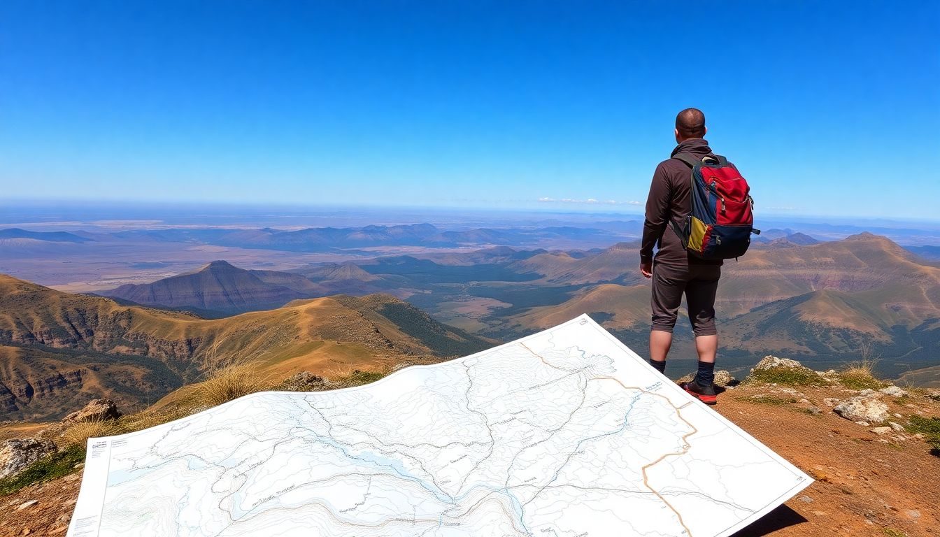 A hiker standing on a hill, looking out at a landscape filled with various terrain features, with a map showing contour lines in the foreground.