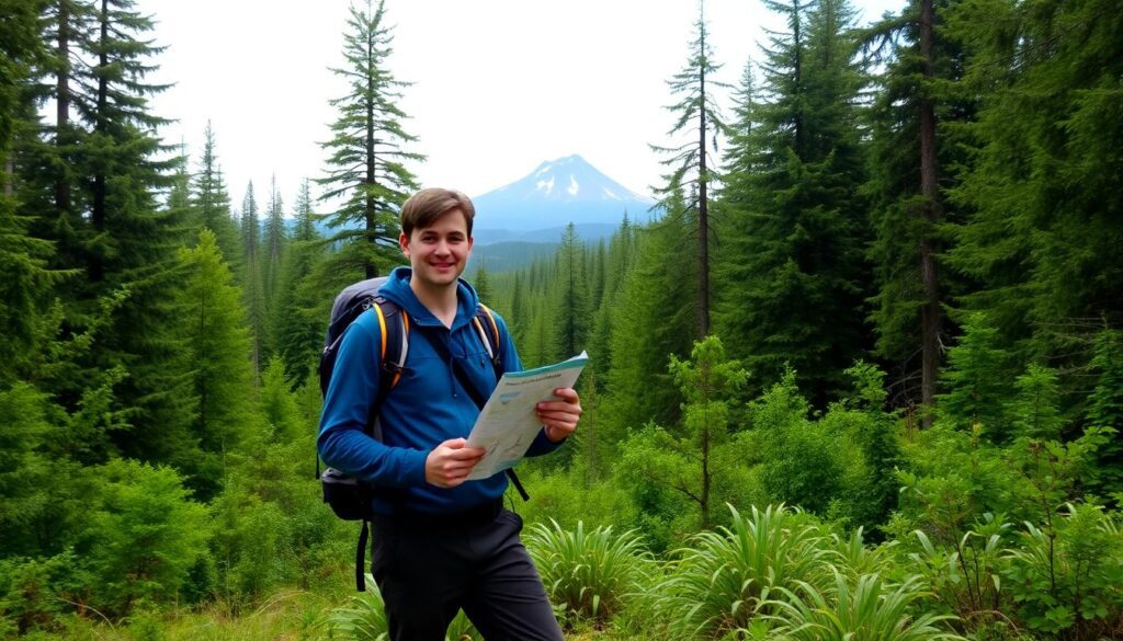 A lone hiker standing confidently in a dense, lush forest, holding a map and compass, with a distant mountain peak visible through the trees, and a sense of adventure in the air.