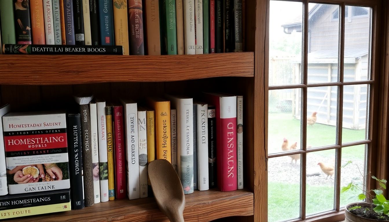 A rustic bookshelf filled with homesteading and DIY books, with a garden tool in the foreground and a chicken coop visible through the window.