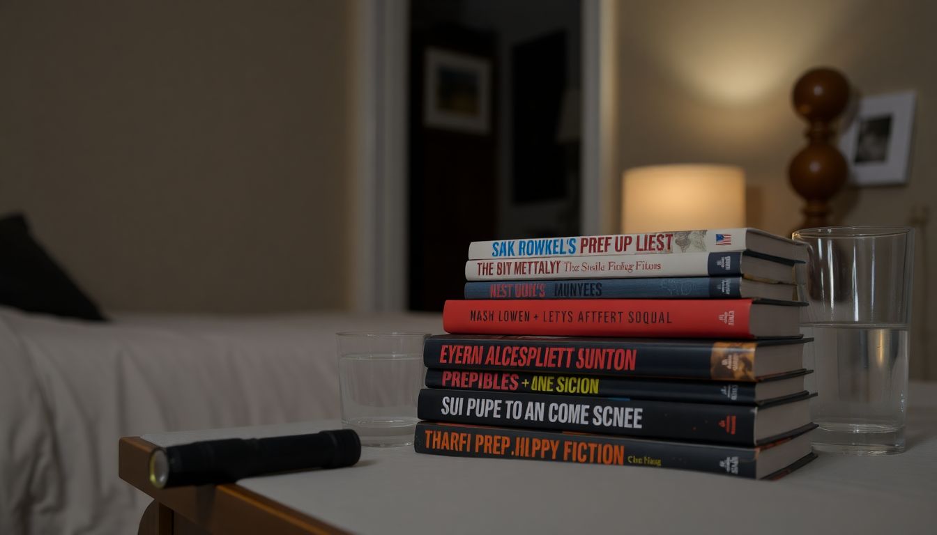 A stack of prepper fiction books on a bedside table, with a flashlight and a glass of water nearby, and a dimly lit room in the background.