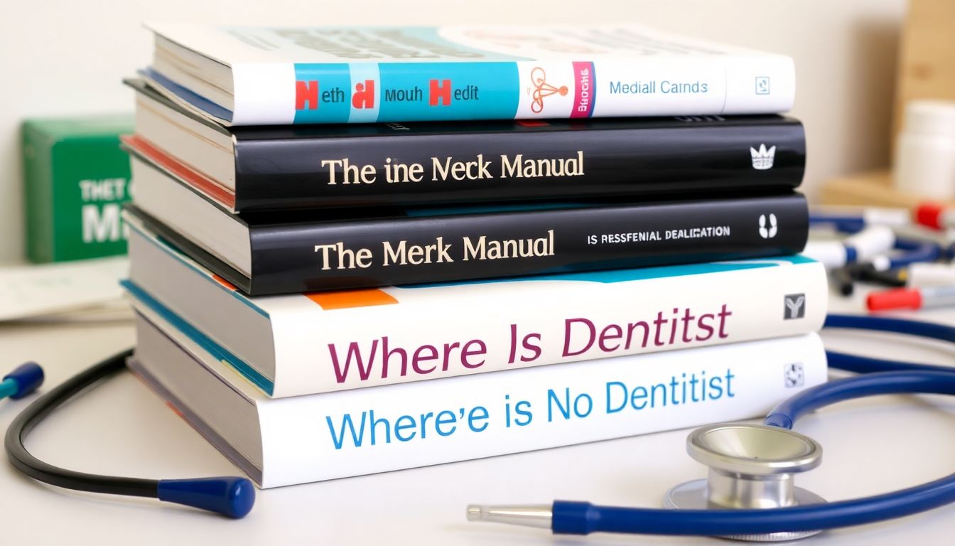 A stack of medical reference books, including 'The Merck Manual' and 'Where There Is No Dentist', on a table with a stethoscope and medical supplies.