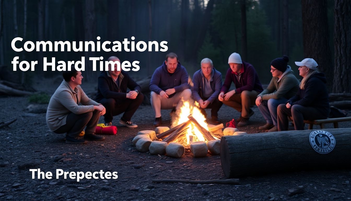 A group of people gathered around a campfire, with 'Communications for Hard Times' and 'The Preparedness Family' visible on a nearby log.