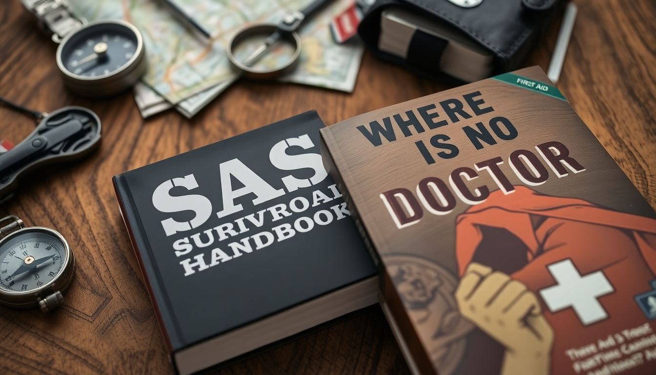 A close-up of 'The SAS Survival Handbook' and 'Where There Is No Doctor' on a wooden table, with a compass, map, and first aid kit scattered around.