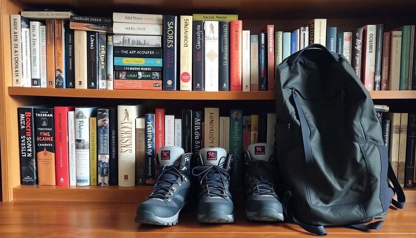 A bookshelf filled with biographies and memoirs, with a pair of hiking boots and a backpack in the foreground.