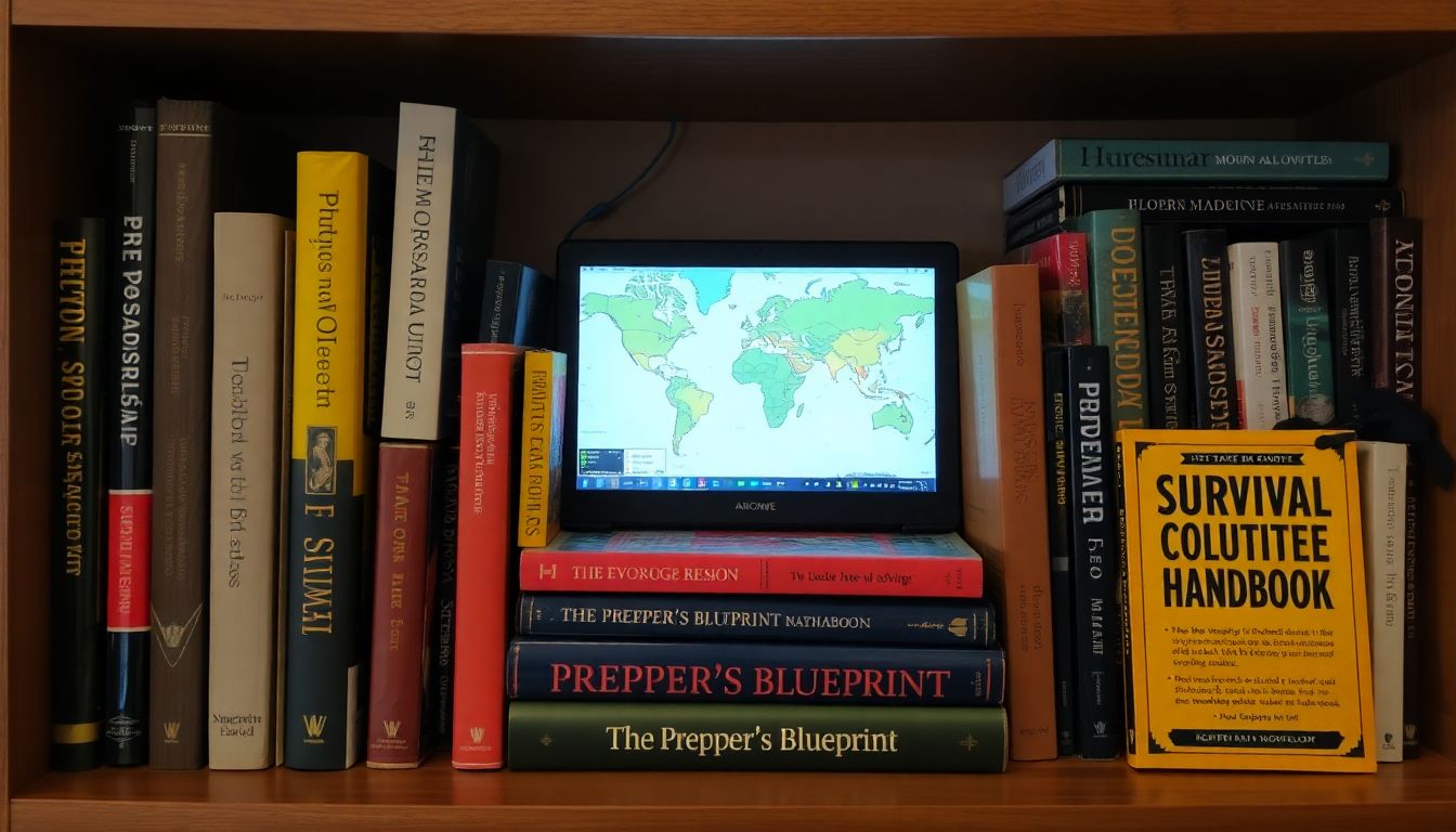 A bookshelf filled with modern survival guides, including 'The Prepper's Blueprint' and 'The Survival Medicine Handbook', with a laptop showing a map of safe havens in the background.