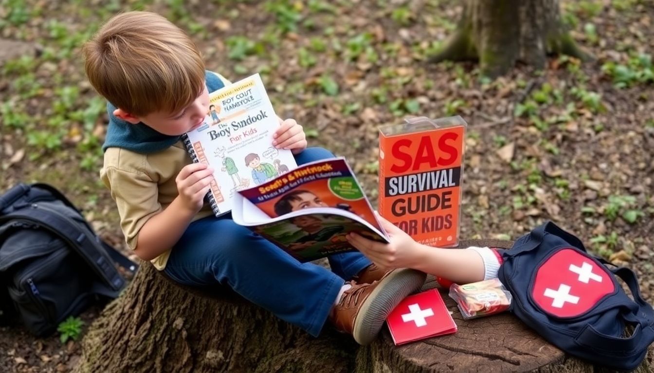 A child reading 'The Boy Scout Handbook' or 'The SAS Survival Guide for Kids' while sitting on a tree stump, with a backpack and a first aid kit nearby.