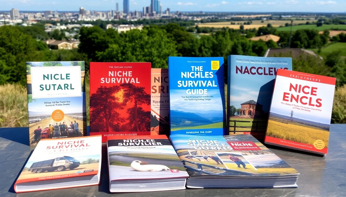 A variety of niche survival guides on a table, with a city skyline and a rural landscape visible in the background.