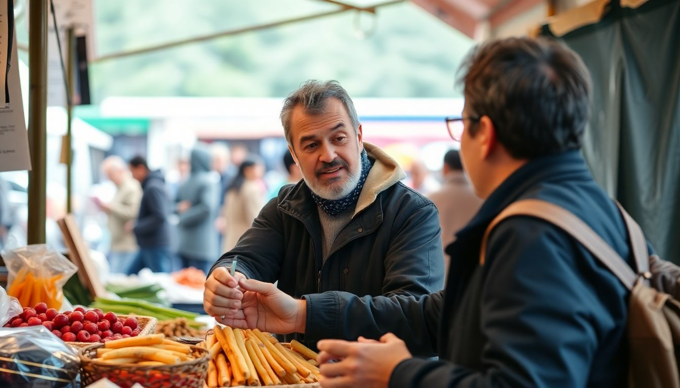 A person demonstrating excellent negotiation skills at a market stall.