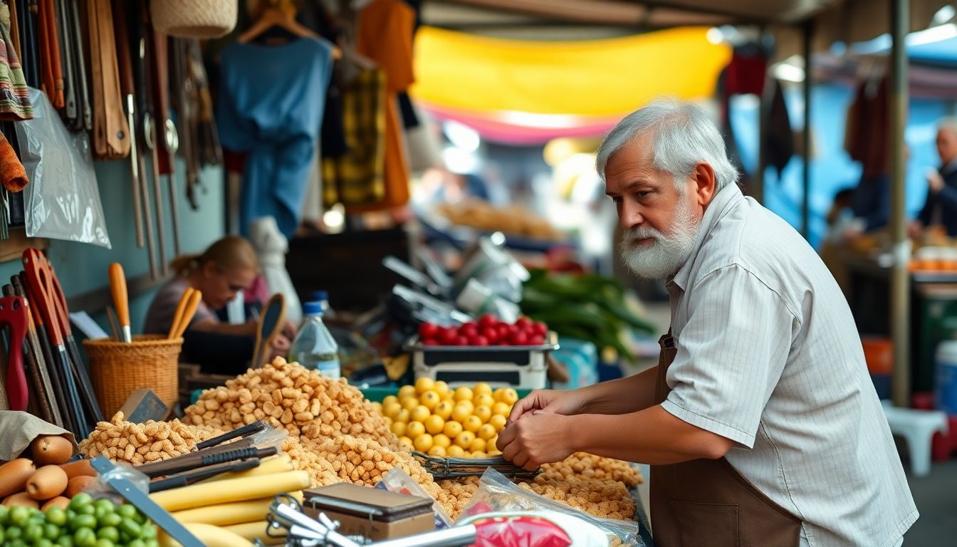 A person trading a variety of goods, from tools to produce, at a market.