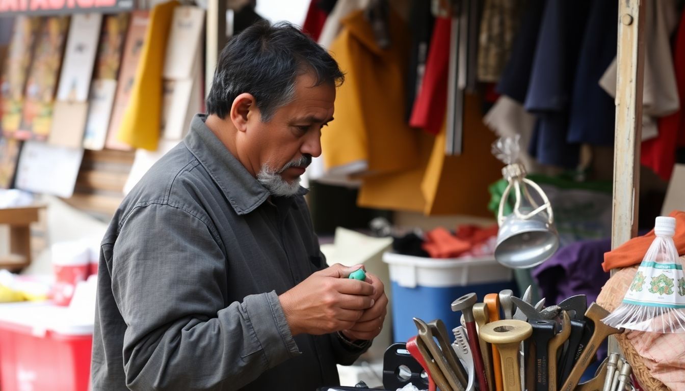 A person offering a service, such as repairing tools, at a market stall.