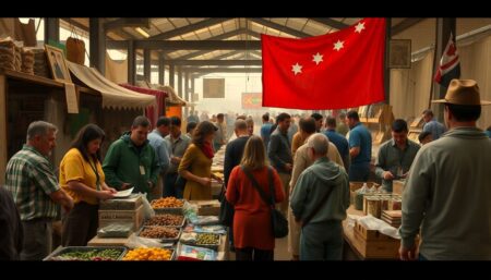 A bustling post-collapse market, filled with people exchanging goods and services, showcasing the importance of bartering skills and valuable trade items in a new economy.