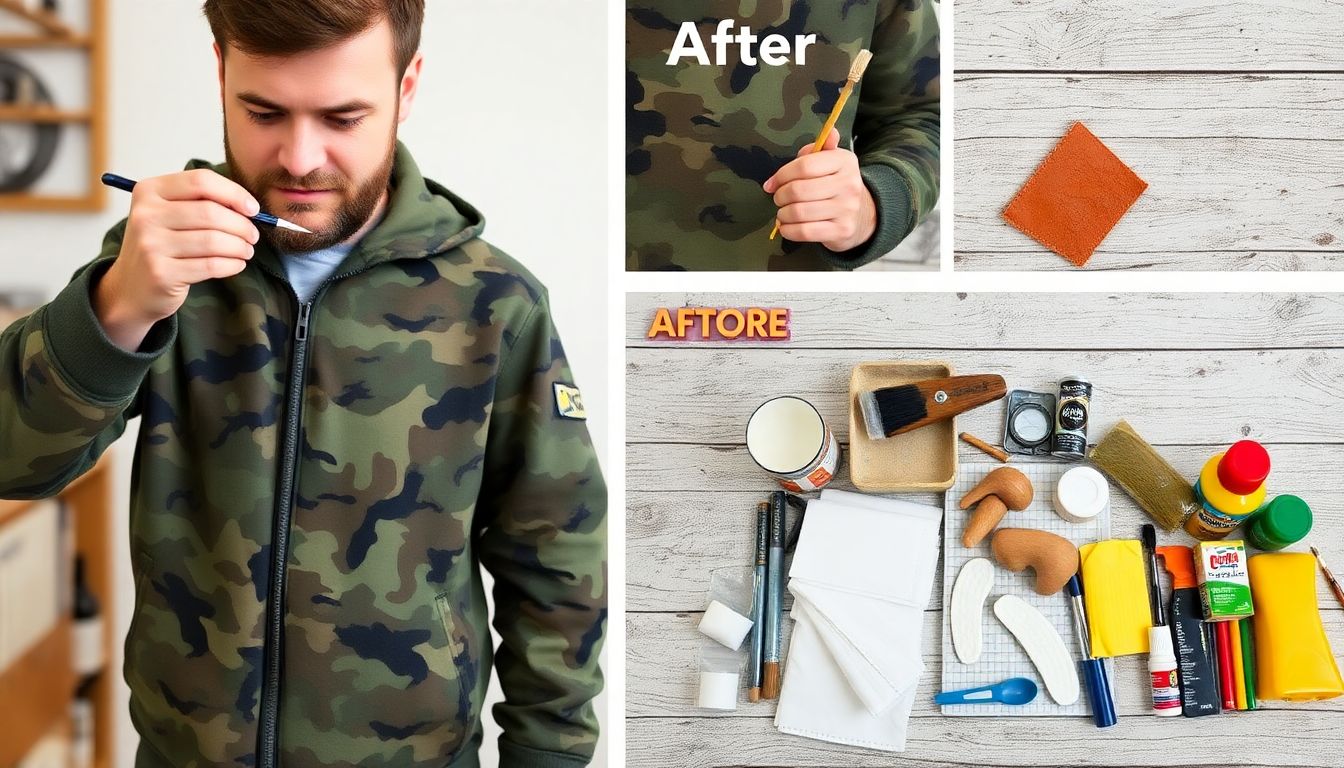 A person painting a camouflage pattern onto a jacket, with before and after photos, and a table of household items that can be used for DIY camouflage.