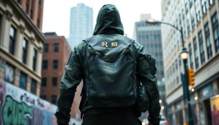 A lone figure, dressed in a unique, urban camouflage pattern, blends seamlessly into the cityscape. They are equipped with a backpack, also camouflaged, and move stealthily through the streets. The figure is surrounded by tall buildings, graffiti, and streetlights, showcasing the effectiveness of their personal concealment strategy.