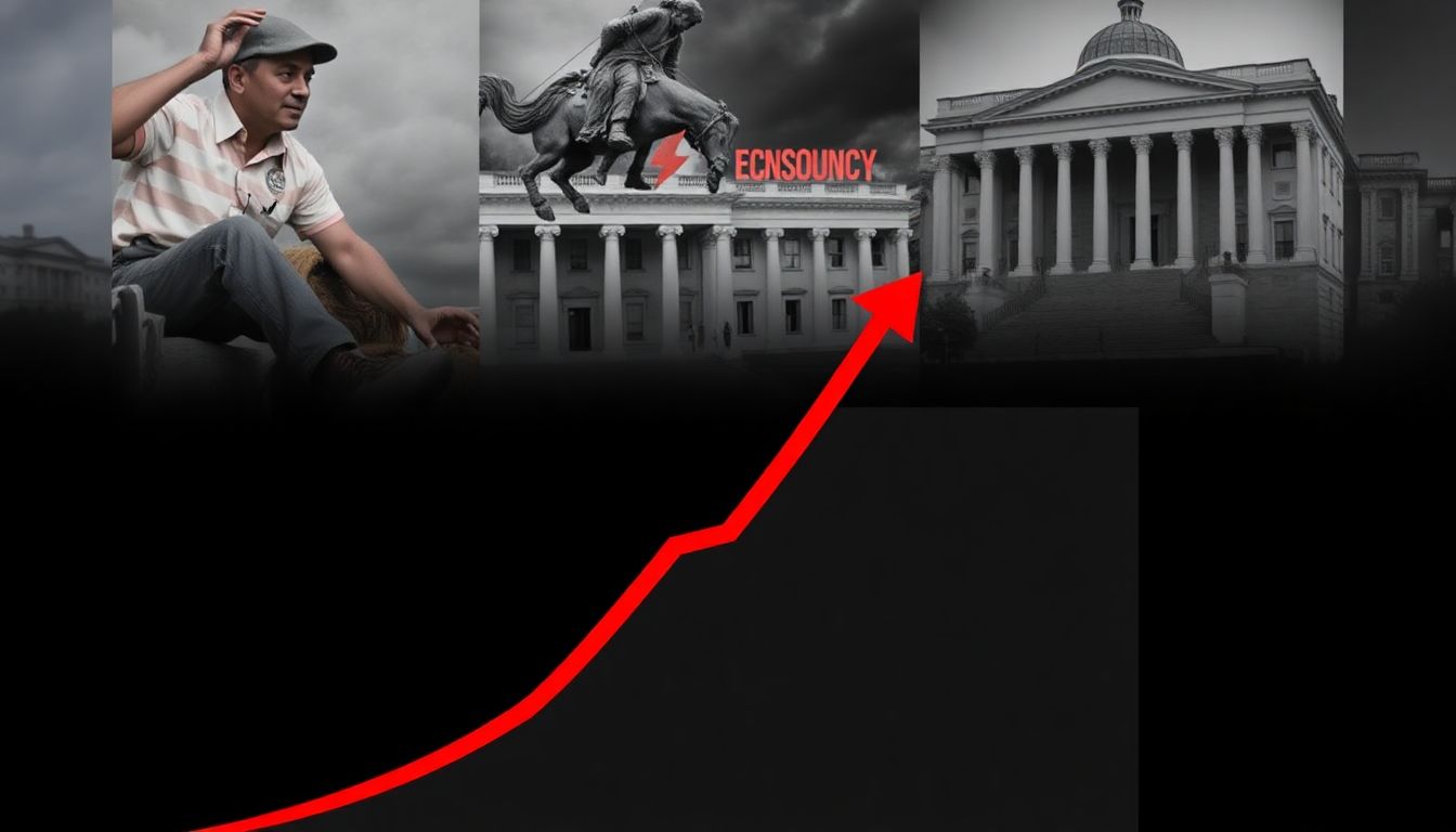 A graph showing a steep economic downturn, with historical images of economic crises in the background.