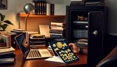 A well-equipped home office with a laptop, books on finance and economics, a safe filled with precious metals, and alternative currencies like Bitcoin displayed on a tablet, with a determined individual planning their financial strategy.