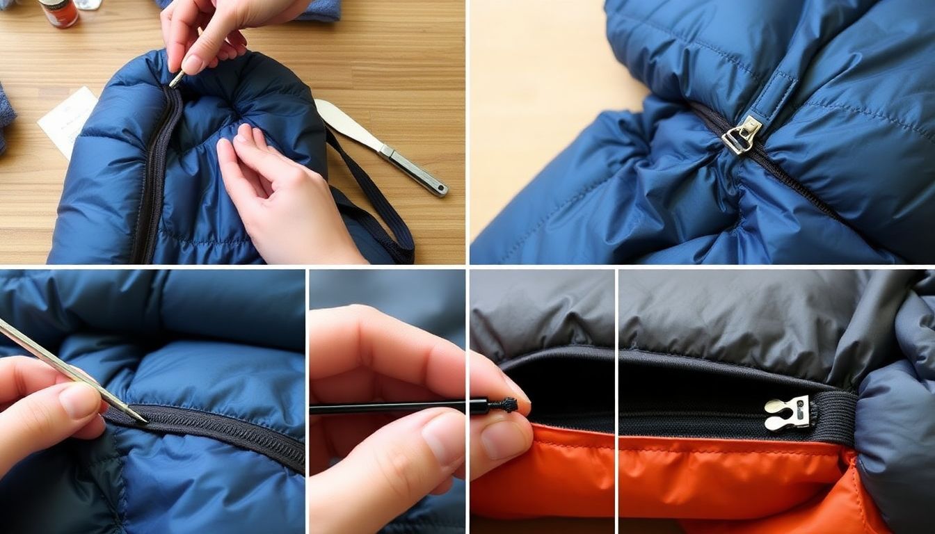 A series of images showing the process of replacing a zipper slider on a sleeping bag, with close-ups of the tools and steps involved.