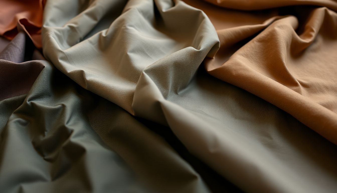 A variety of outdoor fabrics like ripstop nylon, Cordura, and wool laid out on a table, with close-ups of their unique textures and patterns.