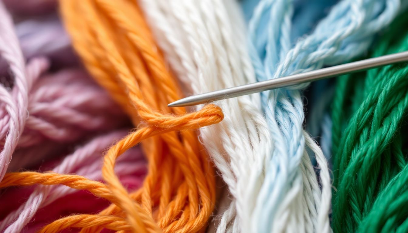 A close-up of various threads in different colors and materials, with a sewing needle picking up a strand, ready to be used.