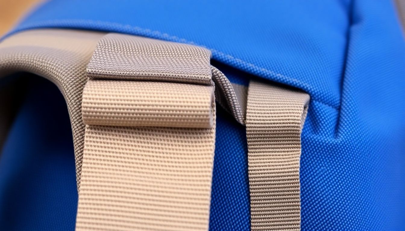 A close-up of a backpack strap with added webbing reinforcement, showing the process of sewing it on.