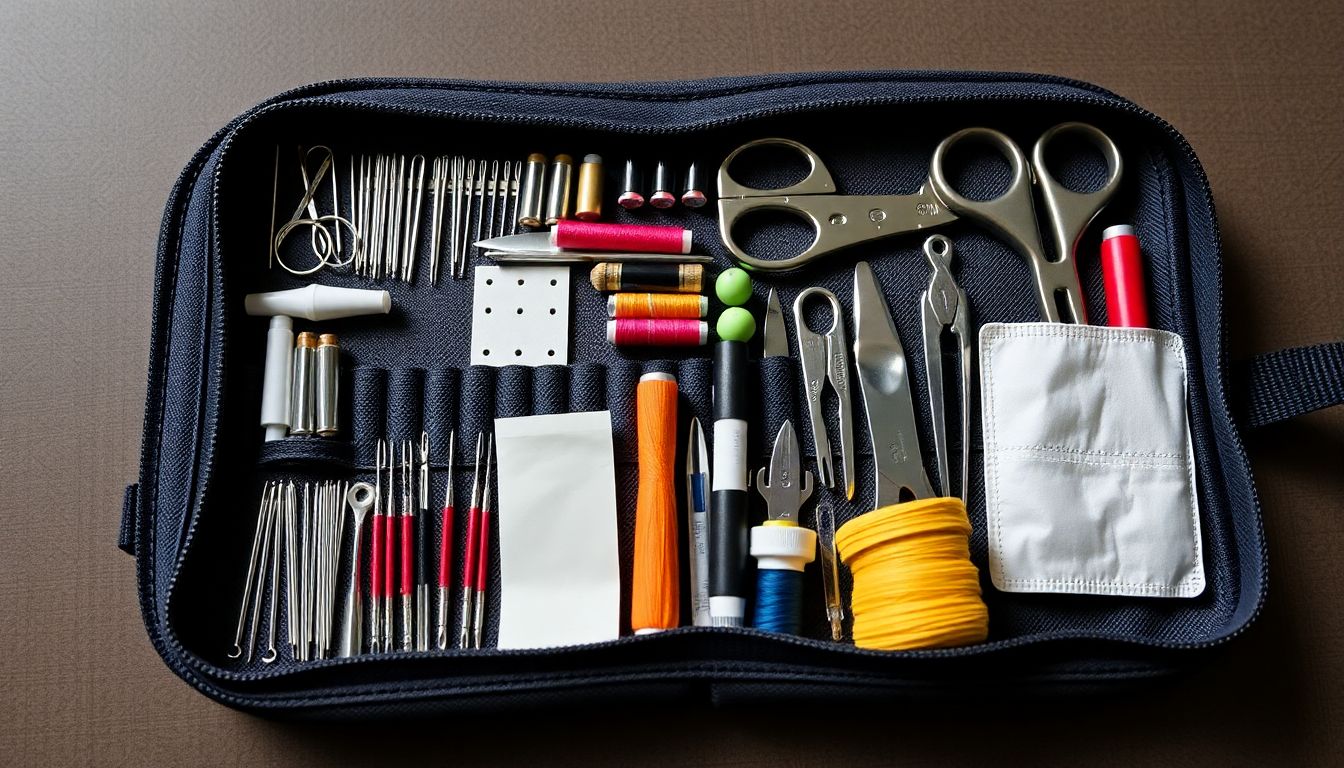 A well-organized sewing kit with various needles, threads, scissors, and other tools laid out on a durable, water-resistant pouch.