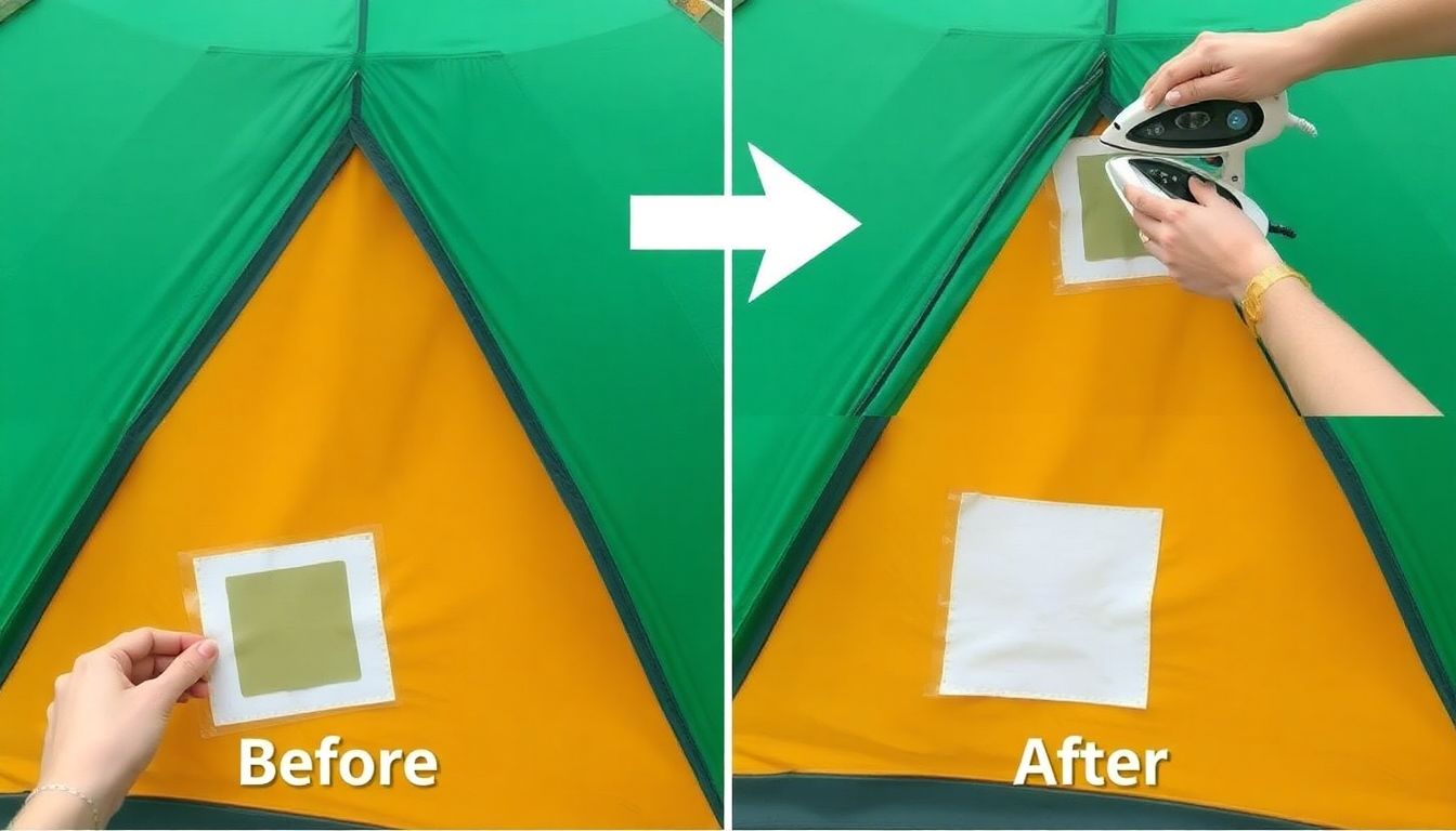 A series of images showing the process of patching a hole in a tent using an iron-on patch, with before and after shots.