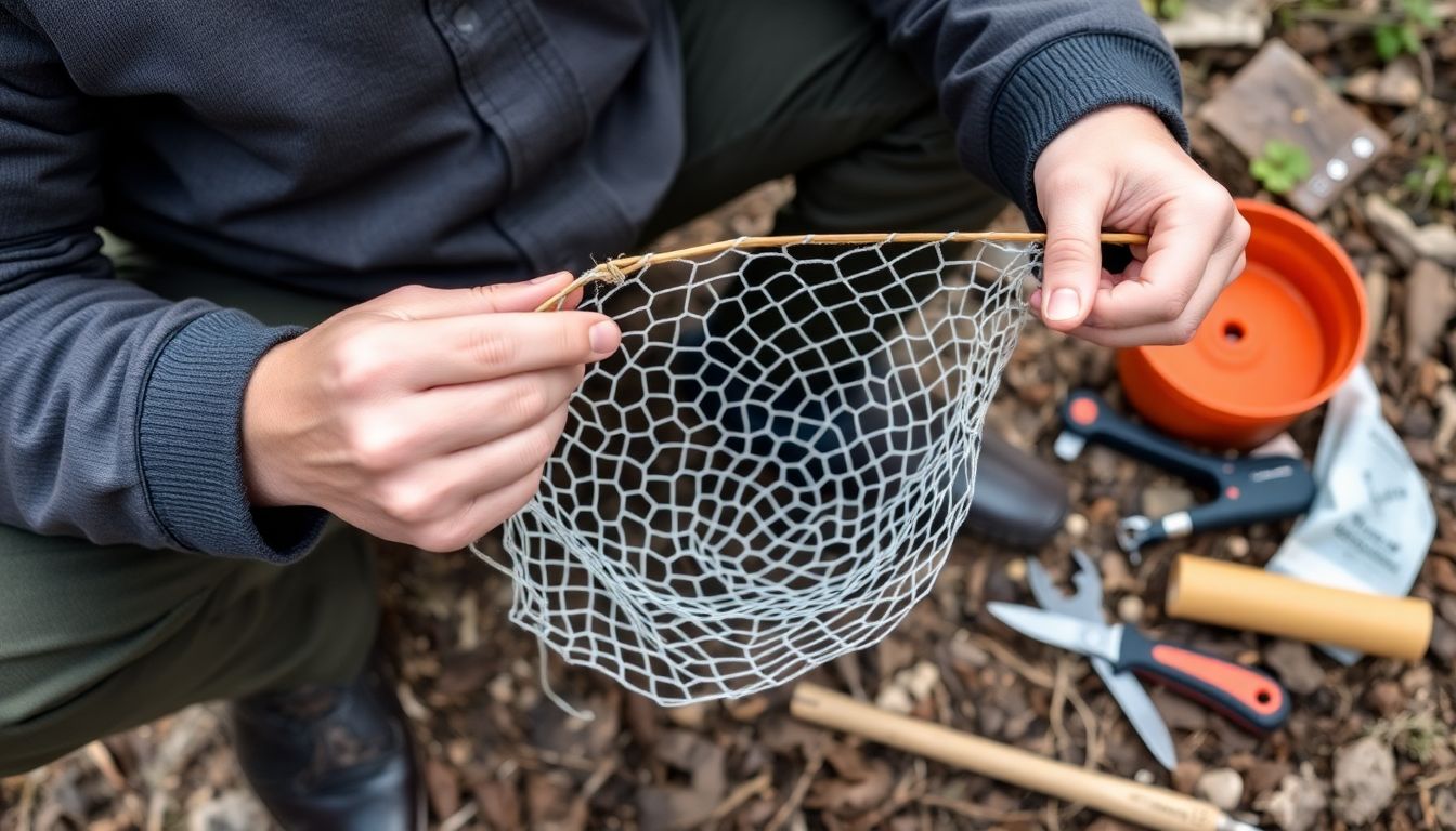 A person using a sewing needle and thread to create a simple fish net in a wilderness setting, with other survival tools and materials nearby.