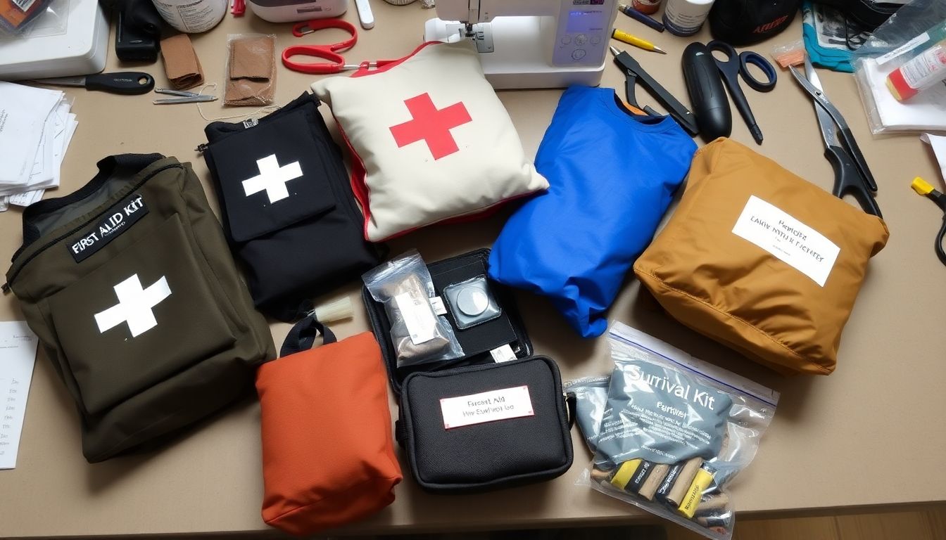 A collection of homemade gear like a first aid kit pouch, stuff sack, and survival kit, laid out on a table with sewing tools and materials.