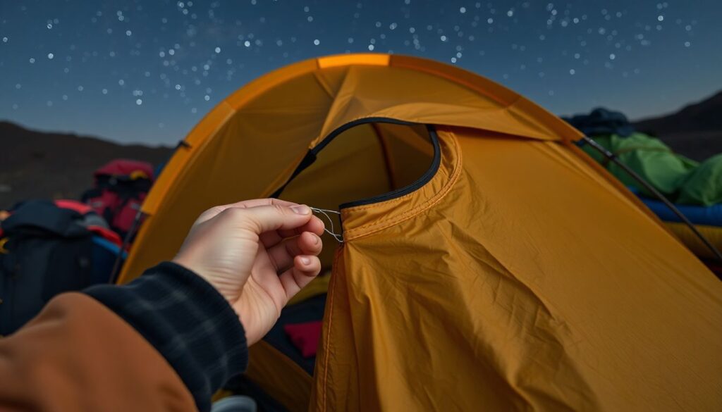 A close-up of a skilled hand repairing a torn tent with a sewing needle and thread, surrounded by other outdoor gear like backpacks, sleeping bags, and clothing, all under a starry night sky.