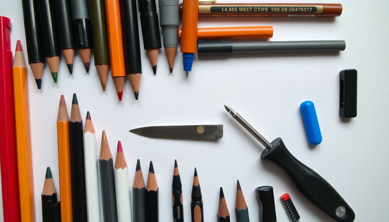 A variety of pens, pencils, and markers laid out, with a makeshift knife and screwdriver made from them.