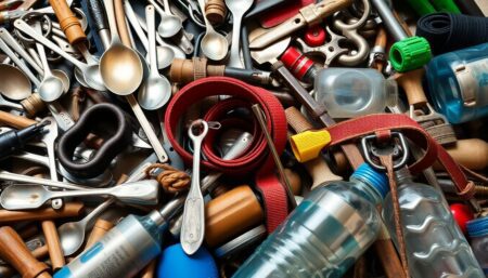 A close-up, well-lit photograph of a diverse array of everyday objects like spoons, belts, and plastic bottles, arranged in a way that suggests they've been repurposed into makeshift tools and weapons. The image should evoke a sense of resourcefulness and survival.