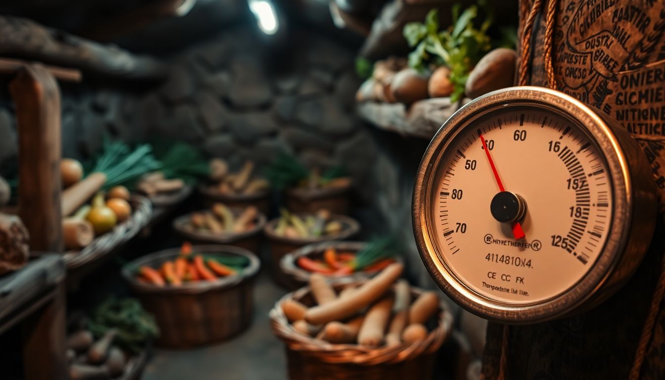 A root cellar filled with baskets of root vegetables, with a close-up of a thermometer and hygrometer for monitoring temperature and humidity.