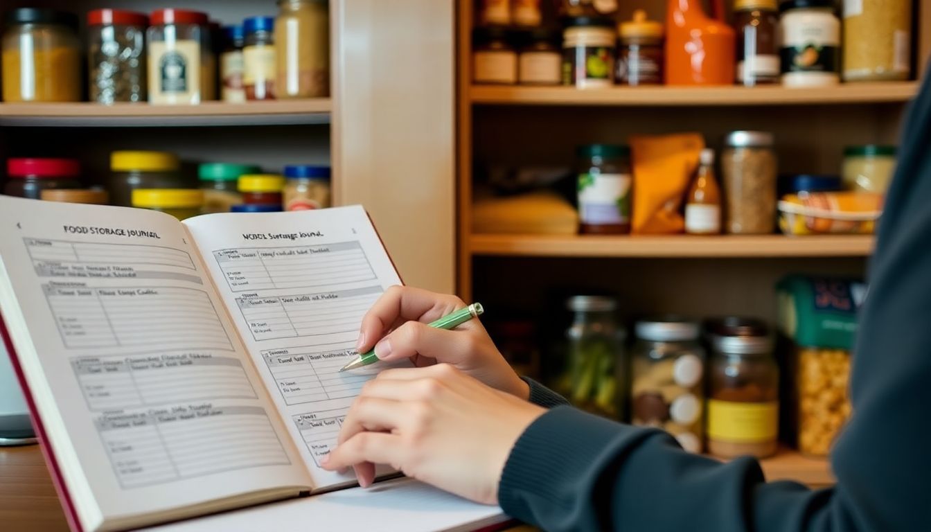 A well-organized food storage journal, with a close-up of a person updating the journal and a well-stocked pantry in the background.