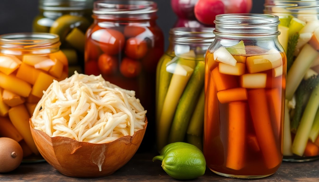 A variety of fermented foods (pickles, sauerkraut, kombucha) with a close-up of a SCOBY (symbiotic culture of bacteria and yeast) and a jar of fermenting vegetables.