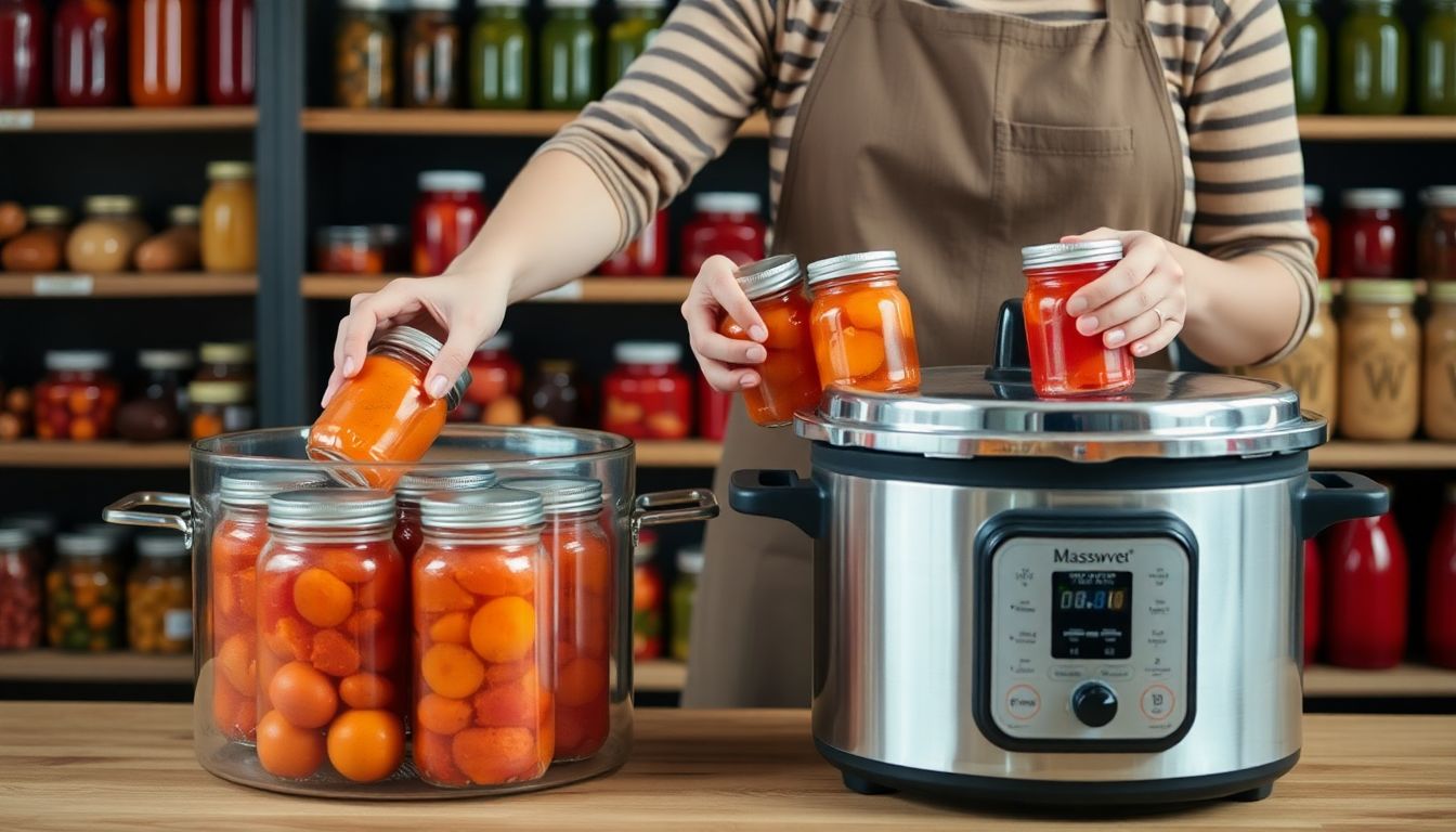 A person in an apron, carefully placing jars into a water bath canner and a pressure canner, with shelves full of canned goods in the background.