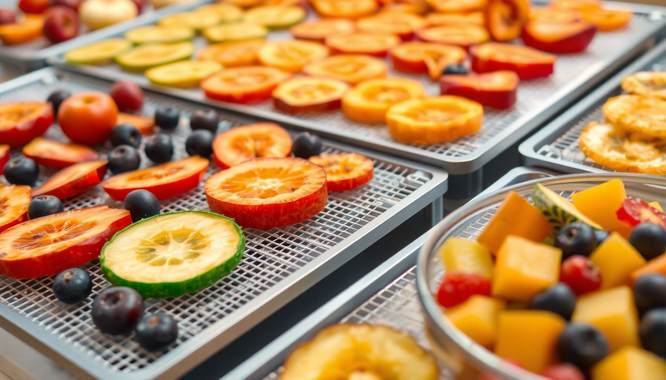 A variety of fruits and vegetables laid out on dehydrator trays, with a close-up of the dehydrated food and a bowl of rehydrated fruit.