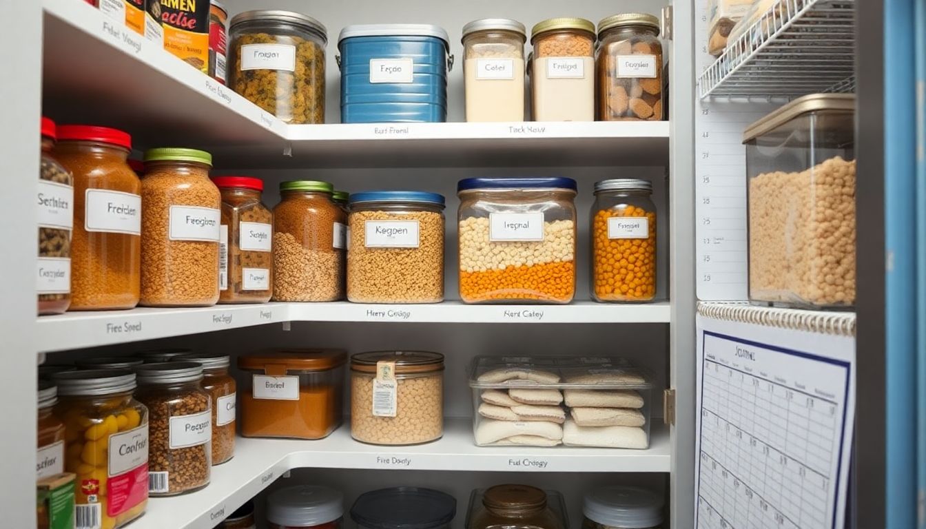 A well-organized pantry with clearly labeled shelves, showing the FIFO method in action, with a journal or calendar for tracking inventory.